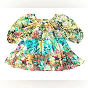 Anthropologie Fig and Flower sheer tropical print top Puff sleeves size S Flowy